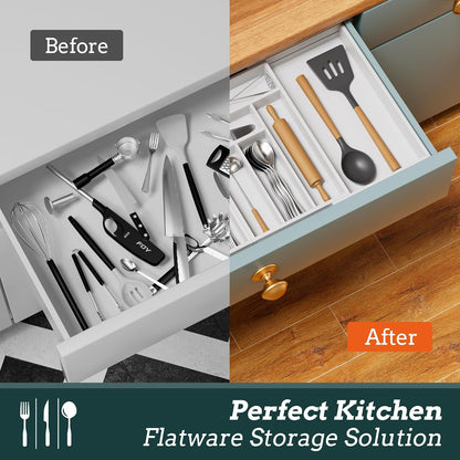 Silverware Organizer Large, Magnetic Connected Expandable 13 Slots Silverware Drawer Organizer From 21 to 37.4 Inches, Adjustable Flatware and Cutlery Holder, Bamboo Utensil Tray for Kitchen Black