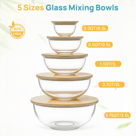 5 Pack Glass Mixing Bowls with Bamboo Lids, Nesting Set | Kitchen Bowls for Mixing, Meal Prep, Serving & Baking, Space-Saving Nesting Design with Microwave and Dishwasher Safe Glass