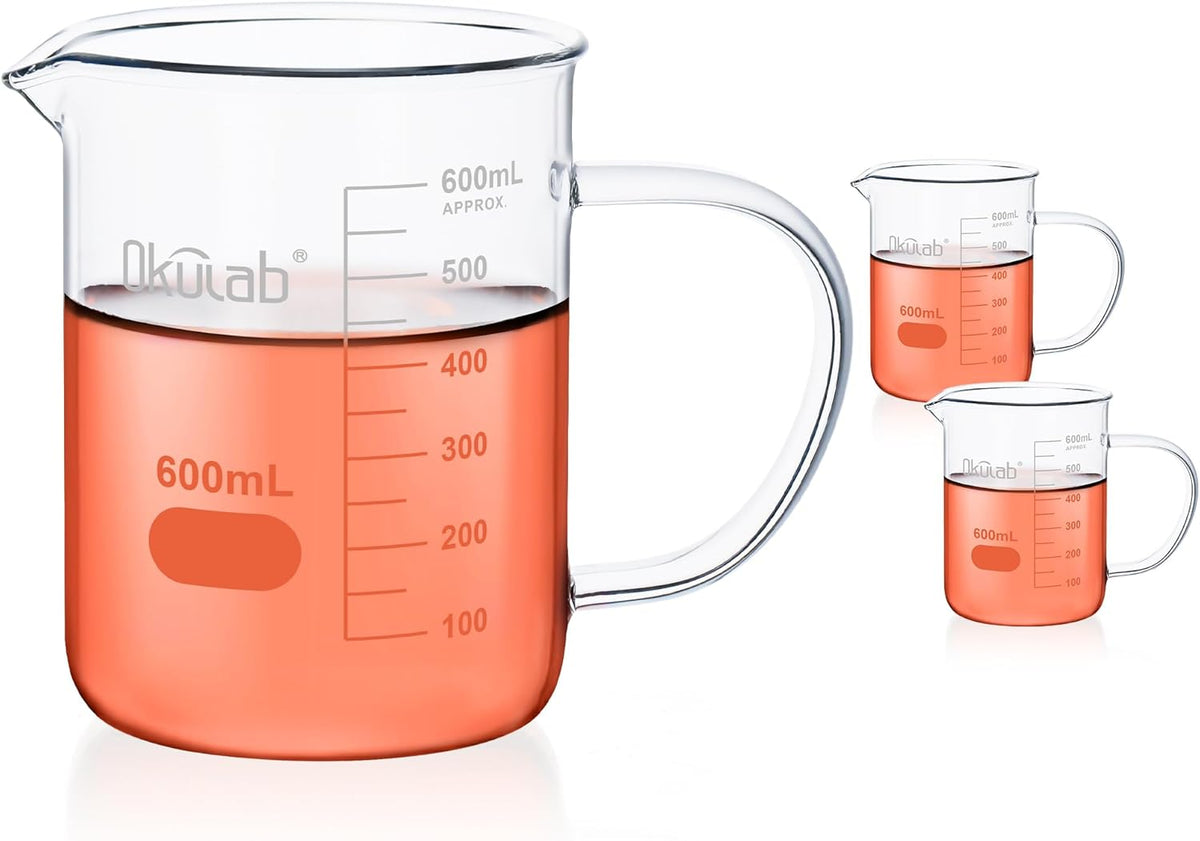 Glass Beakers with Handle, Vol 600ml 3.3 Borosilicate Glass Beaker Measuring Cups with Spout for Laboratories, Classrooms or Home, Lab Beakers, BKLGH600A2