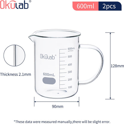 Glass Beakers with Handle, Vol 600ml 3.3 Borosilicate Glass Beaker Measuring Cups with Spout for Laboratories, Classrooms or Home, Lab Beakers, BKLGH600A2