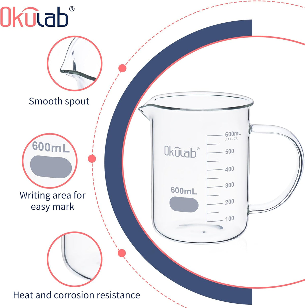 Glass Beakers with Handle, Vol 600ml 3.3 Borosilicate Glass Beaker Measuring Cups with Spout for Laboratories, Classrooms or Home, Lab Beakers, BKLGH600A2