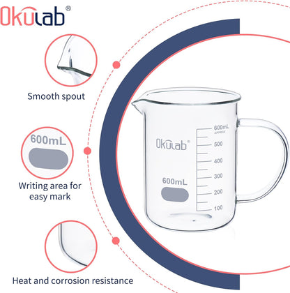 Glass Beakers with Handle, Vol 600ml 3.3 Borosilicate Glass Beaker Measuring Cups with Spout for Laboratories, Classrooms or Home, Lab Beakers, BKLGH600A2
