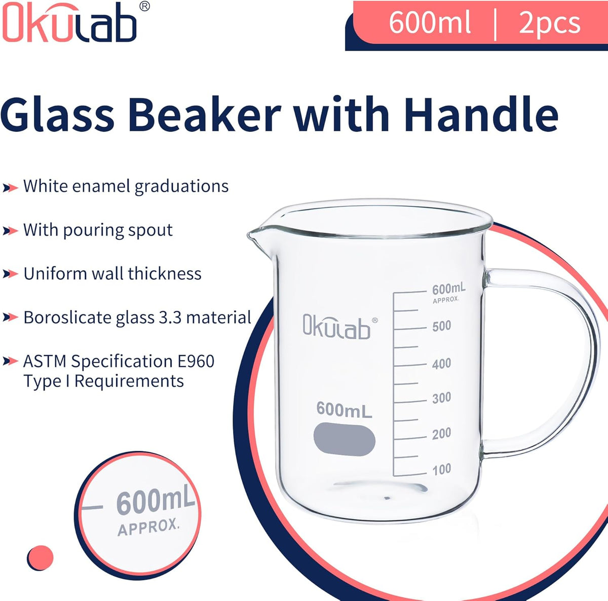 Glass Beakers with Handle, Vol 600ml 3.3 Borosilicate Glass Beaker Measuring Cups with Spout for Laboratories, Classrooms or Home, Lab Beakers, BKLGH600A2