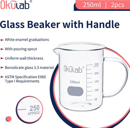 Glass Beakers with Handle, Vol 600ml 3.3 Borosilicate Glass Beaker Measuring Cups with Spout for Laboratories, Classrooms or Home, Lab Beakers, BKLGH600A2