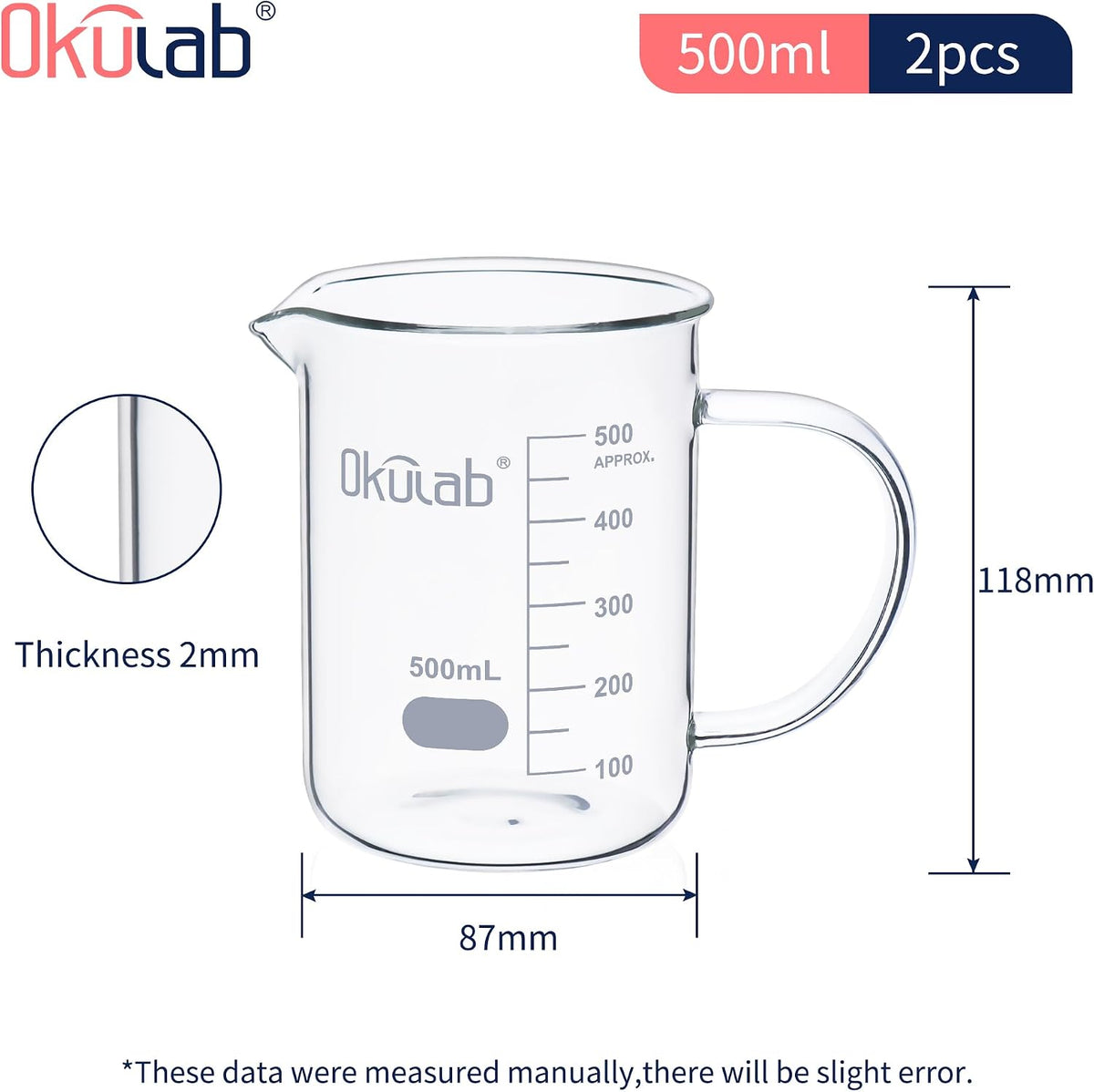 Glass Beakers with Handle, Vol 600ml 3.3 Borosilicate Glass Beaker Measuring Cups with Spout for Laboratories, Classrooms or Home, Lab Beakers, BKLGH600A2