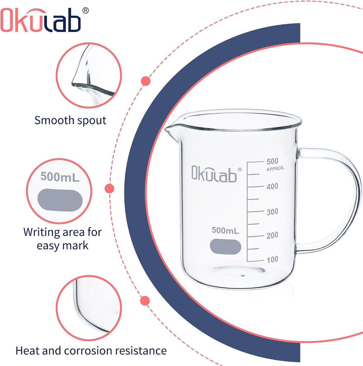 Glass Beakers with Handle, Vol 600ml 3.3 Borosilicate Glass Beaker Measuring Cups with Spout for Laboratories, Classrooms or Home, Lab Beakers, BKLGH600A2