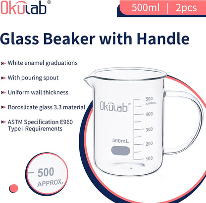 Glass Beakers with Handle, Vol 600ml 3.3 Borosilicate Glass Beaker Measuring Cups with Spout for Laboratories, Classrooms or Home, Lab Beakers, BKLGH600A2