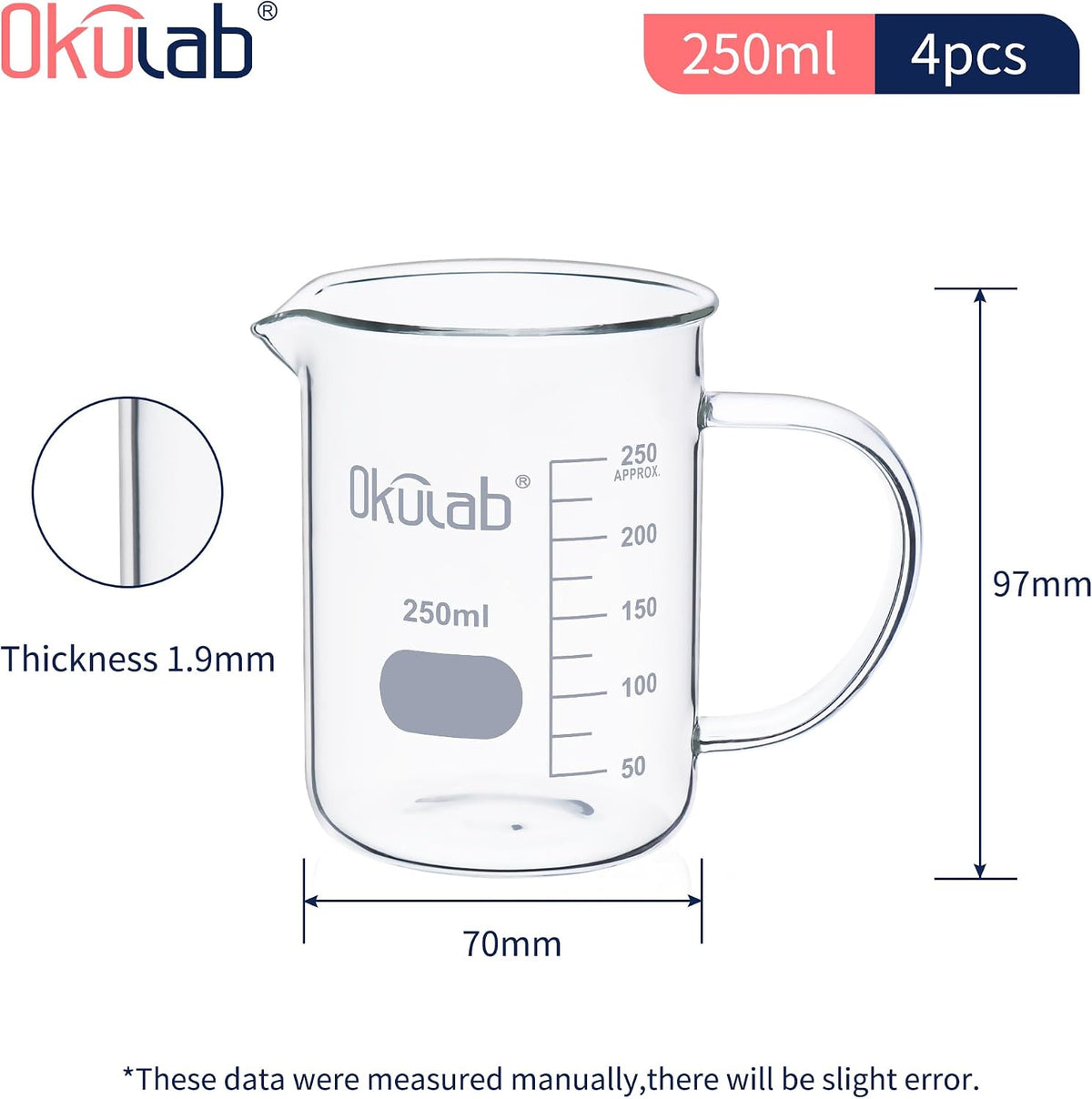 Glass Beakers with Handle, Vol 600ml 3.3 Borosilicate Glass Beaker Measuring Cups with Spout for Laboratories, Classrooms or Home, Lab Beakers, BKLGH600A2