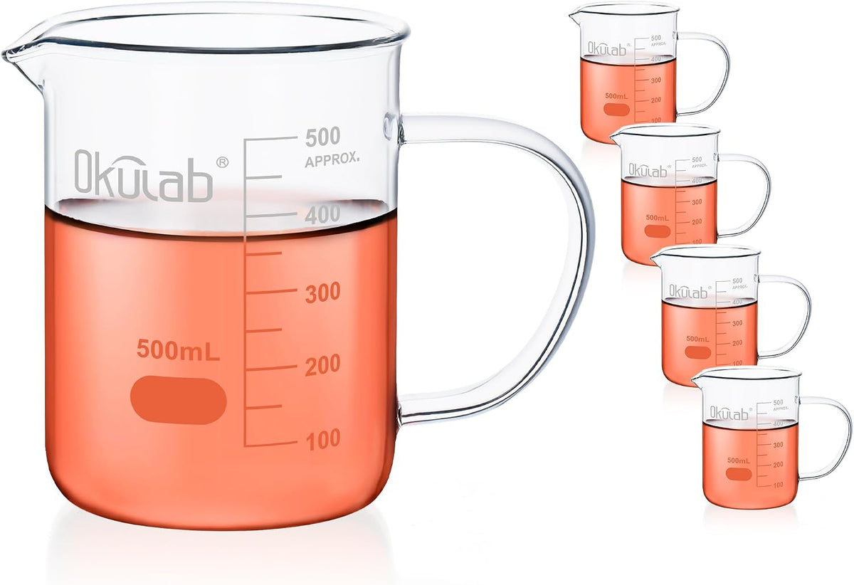Glass Beakers with Handle, Vol 600ml 3.3 Borosilicate Glass Beaker Measuring Cups with Spout for Laboratories, Classrooms or Home, Lab Beakers, BKLGH600A2