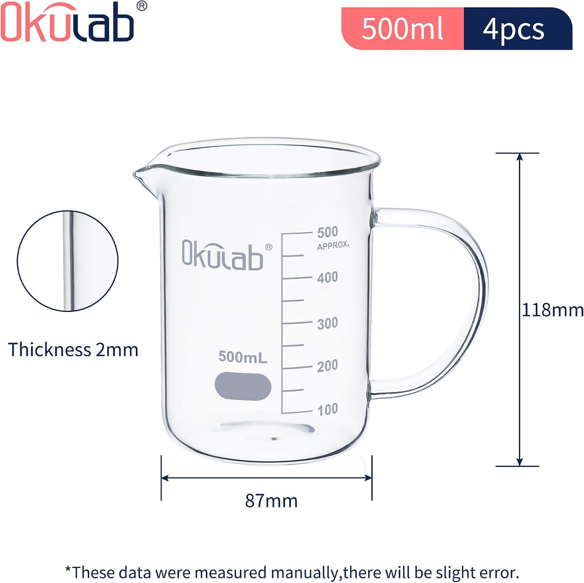 Glass Beakers with Handle, Vol 600ml 3.3 Borosilicate Glass Beaker Measuring Cups with Spout for Laboratories, Classrooms or Home, Lab Beakers, BKLGH600A2