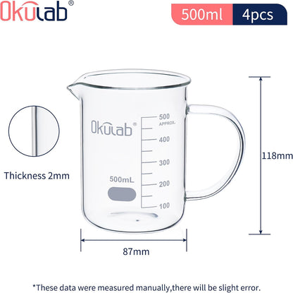 Glass Beakers with Handle, Vol 600ml 3.3 Borosilicate Glass Beaker Measuring Cups with Spout for Laboratories, Classrooms or Home, Lab Beakers, BKLGH600A2