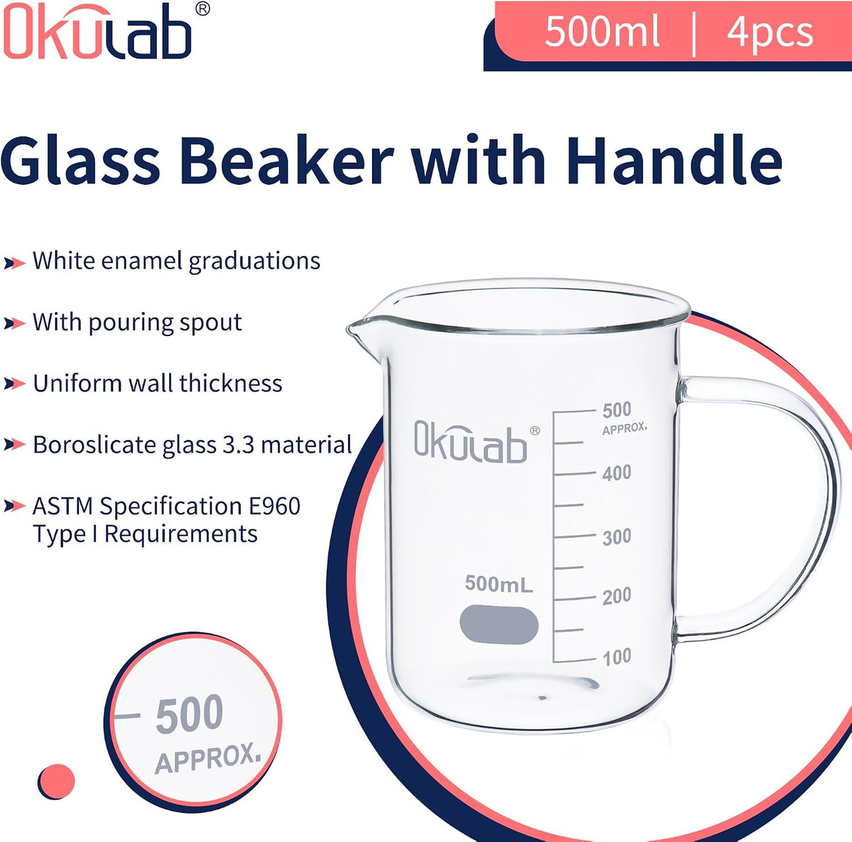 Glass Beakers with Handle, Vol 600ml 3.3 Borosilicate Glass Beaker Measuring Cups with Spout for Laboratories, Classrooms or Home, Lab Beakers, BKLGH600A2
