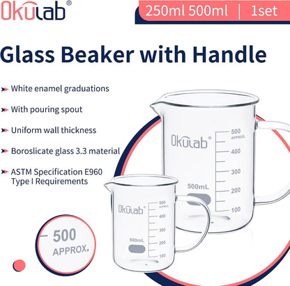 Glass Beakers with Handle, Vol 600ml 3.3 Borosilicate Glass Beaker Measuring Cups with Spout for Laboratories, Classrooms or Home, Lab Beakers, BKLGH600A2