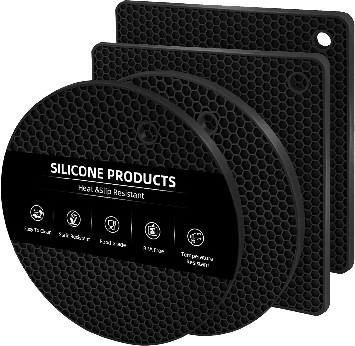 Silicone Trivets for Hot Dishes, Set of 4 Trivet Mats, Heat Resistant Hot Pads for Kitchen Countertops, Non-Slip Honeycomb Pot Holders & Counter Protectors for Hot Pots & Pans (Black)