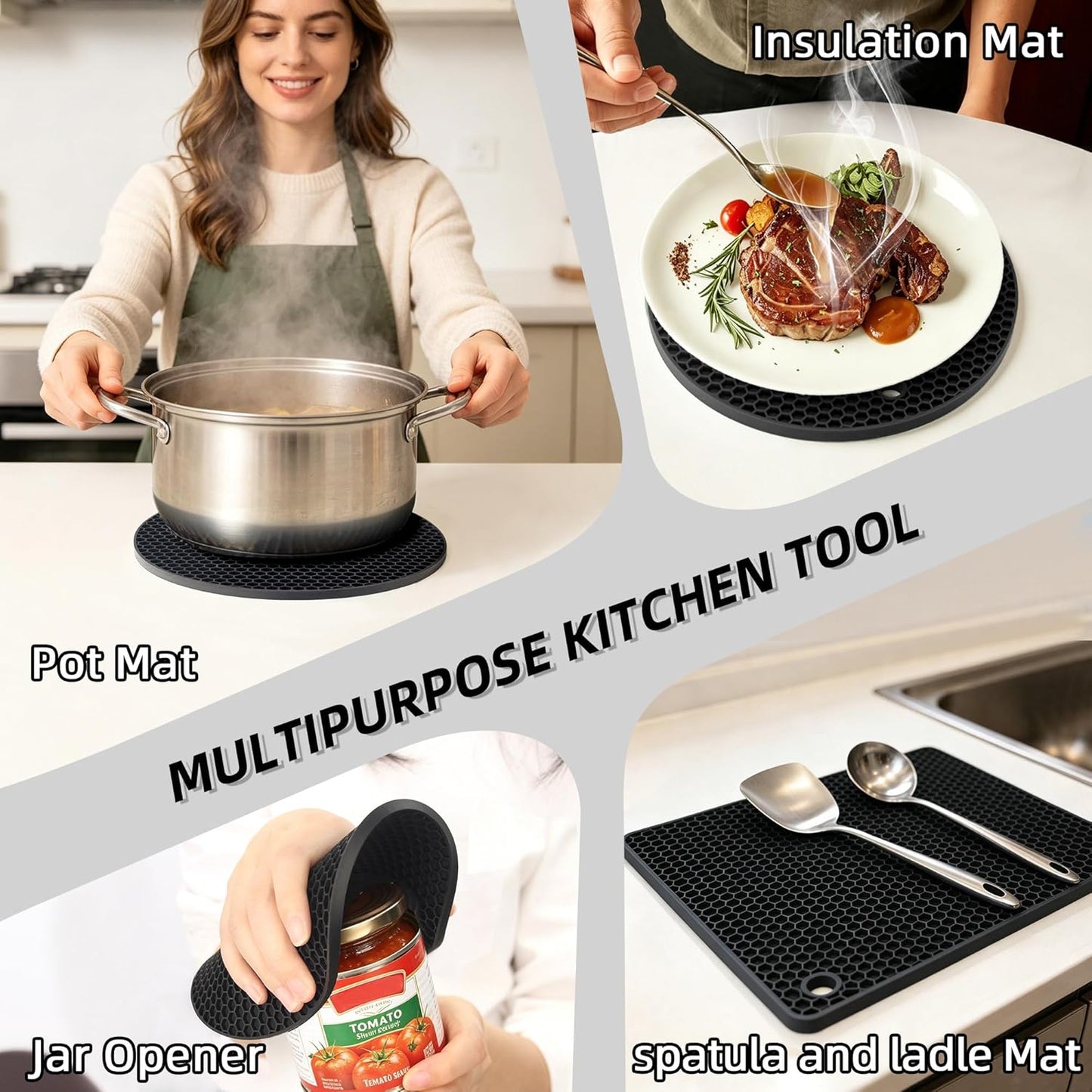 Silicone Trivets for Hot Dishes, Set of 4 Trivet Mats, Heat Resistant Hot Pads for Kitchen Countertops, Non-Slip Honeycomb Pot Holders & Counter Protectors for Hot Pots & Pans (Black)