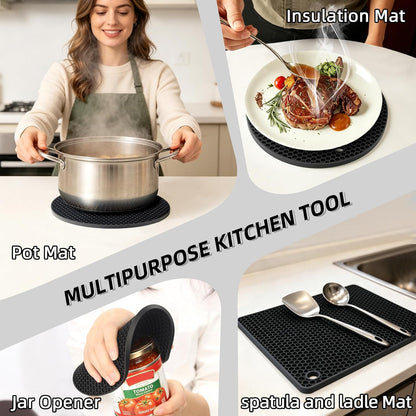 Silicone Trivets for Hot Dishes, Set of 4 Trivet Mats, Heat Resistant Hot Pads for Kitchen Countertops, Non-Slip Honeycomb Pot Holders & Counter Protectors for Hot Pots & Pans (Black)