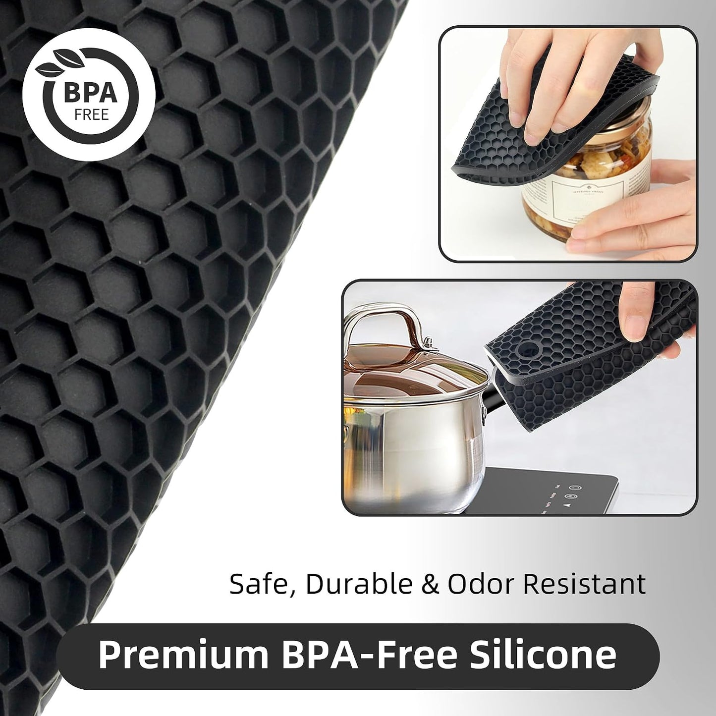 Silicone Trivets for Hot Dishes, Set of 4 Trivet Mats, Heat Resistant Hot Pads for Kitchen Countertops, Non-Slip Honeycomb Pot Holders & Counter Protectors for Hot Pots & Pans (Black)