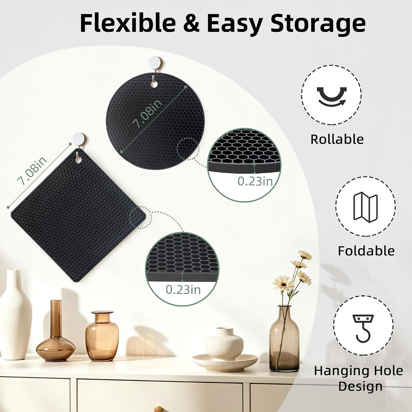 Silicone Trivets for Hot Dishes, Set of 4 Trivet Mats, Heat Resistant Hot Pads for Kitchen Countertops, Non-Slip Honeycomb Pot Holders & Counter Protectors for Hot Pots & Pans (Black)