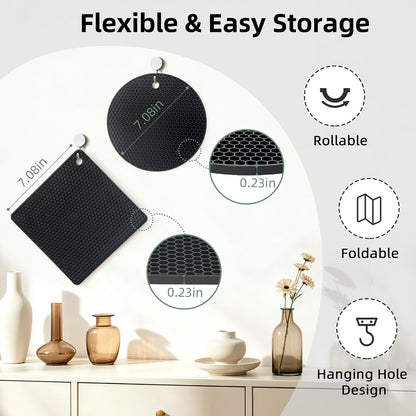 Silicone Trivets for Hot Dishes, Set of 4 Trivet Mats, Heat Resistant Hot Pads for Kitchen Countertops, Non-Slip Honeycomb Pot Holders & Counter Protectors for Hot Pots & Pans (Black)