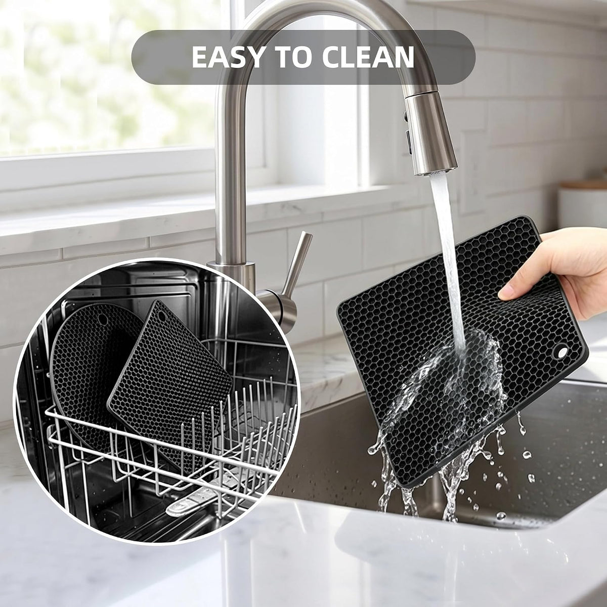Silicone Trivets for Hot Dishes, Set of 4 Trivet Mats, Heat Resistant Hot Pads for Kitchen Countertops, Non-Slip Honeycomb Pot Holders & Counter Protectors for Hot Pots & Pans (Black)