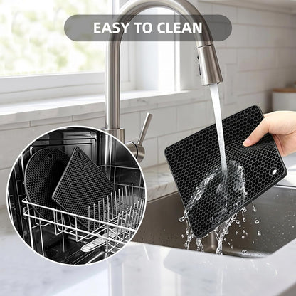 Silicone Trivets for Hot Dishes, Set of 4 Trivet Mats, Heat Resistant Hot Pads for Kitchen Countertops, Non-Slip Honeycomb Pot Holders & Counter Protectors for Hot Pots & Pans (Black)