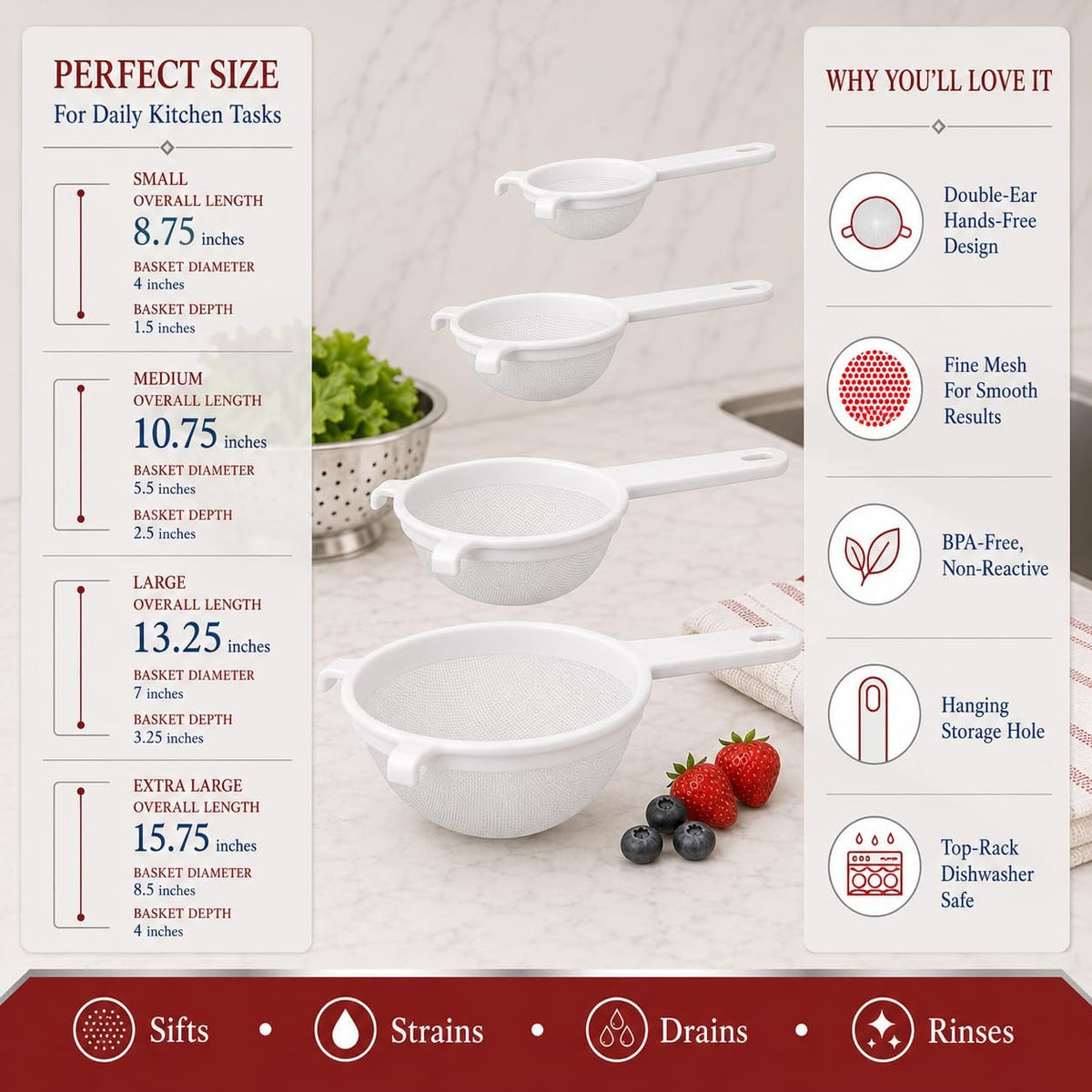 Kitchen Double-Ear Fine Mesh Strainers, 4 Sizes, BPA Free, Non Reactive