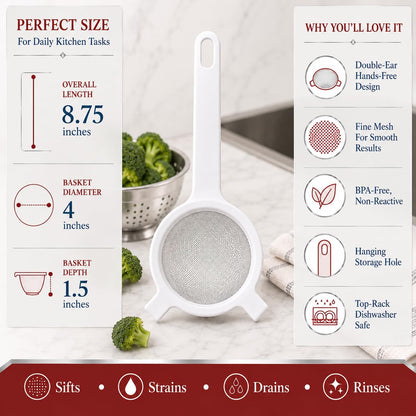 Kitchen Double-Ear Fine Mesh Strainers, 4 Sizes, BPA Free, Non Reactive