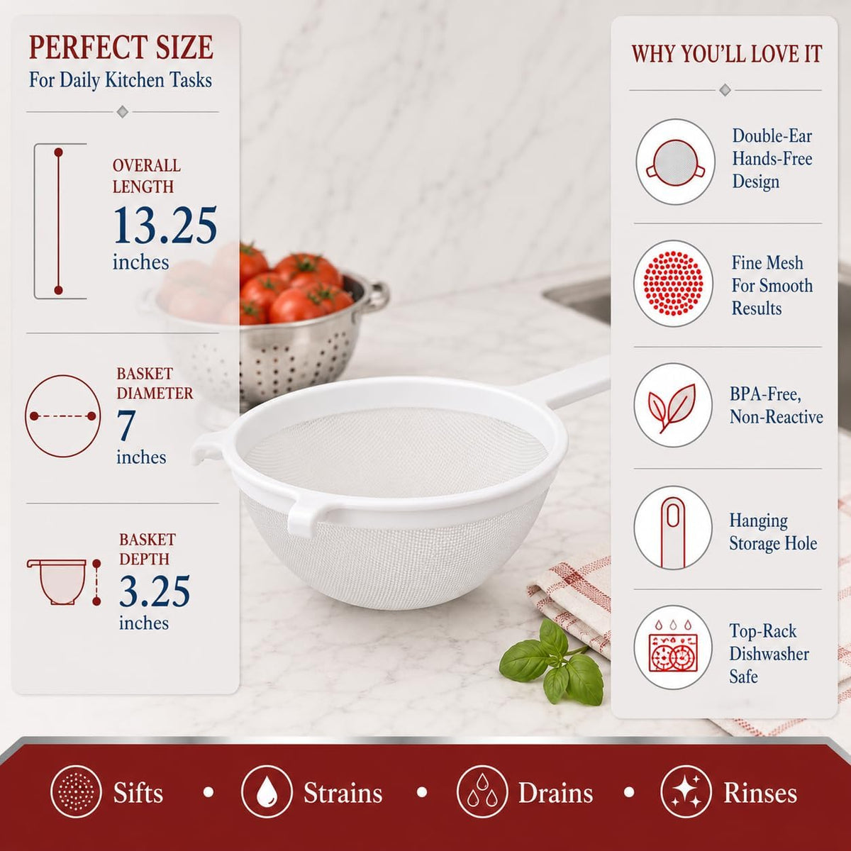 Kitchen Double-Ear Fine Mesh Strainers, 4 Sizes, BPA Free, Non Reactive