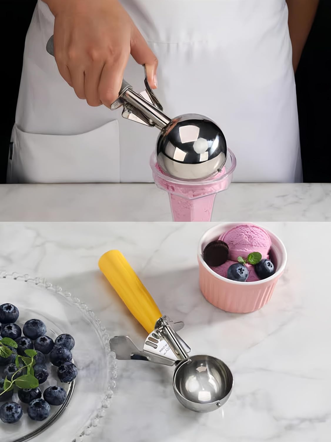 2Pack 4 OZ Portion Scoop Ice Cream Disher with Trigger Release, Stainless Steel Cookie Scoops for Portion Control, Half Cup Scoop for Pastry Dough, Cupcake Batter