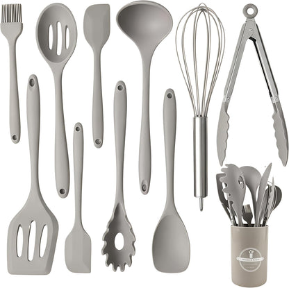 Silicone Kitchen Utensils Set,10 PCS Cooking Kitchen Utensils Set, Nonstick Kitchen Utensils 446°F Heat-Resistant Cookware Kitchen Tools of Spoon,Brush,Whisk,Spatula,Turner Tongs(Khaki)