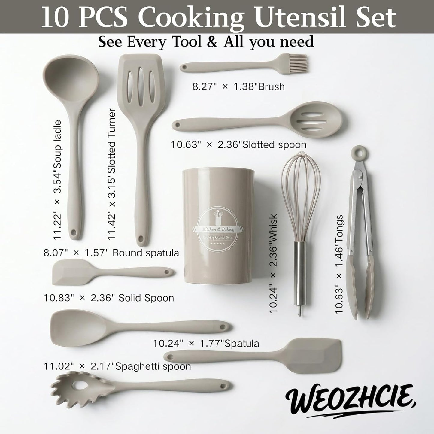 Silicone Kitchen Utensils Set,10 PCS Cooking Kitchen Utensils Set, Nonstick Kitchen Utensils 446°F Heat-Resistant Cookware Kitchen Tools of Spoon,Brush,Whisk,Spatula,Turner Tongs(Khaki)