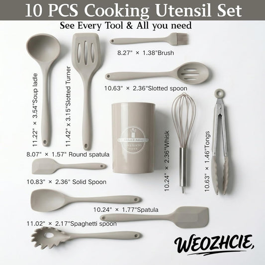 Silicone Kitchen Utensils Set,10 PCS Cooking Kitchen Utensils Set, Nonstick Kitchen Utensils 446°F Heat-Resistant Cookware Kitchen Tools of Spoon,Brush,Whisk,Spatula,Turner Tongs(Khaki)