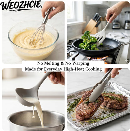 Silicone Kitchen Utensils Set,10 PCS Cooking Kitchen Utensils Set, Nonstick Kitchen Utensils 446°F Heat-Resistant Cookware Kitchen Tools of Spoon,Brush,Whisk,Spatula,Turner Tongs(Khaki)