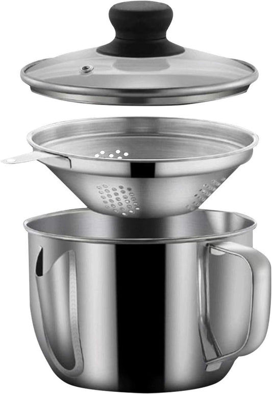 Stainless Steel Fat Separator 4 Cup/1000ML Gravy Grease Separator with Strainer and Glass Lid, Soup Oil Separator Cup for Cooking, Oil Soup Separator Strainer Pot for Kitchen (Silver)