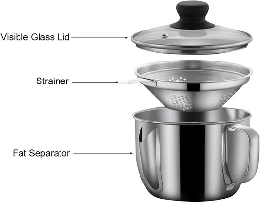 Stainless Steel Fat Separator 4 Cup/1000ML Gravy Grease Separator with Strainer and Glass Lid, Soup Oil Separator Cup for Cooking, Oil Soup Separator Strainer Pot for Kitchen (Silver)