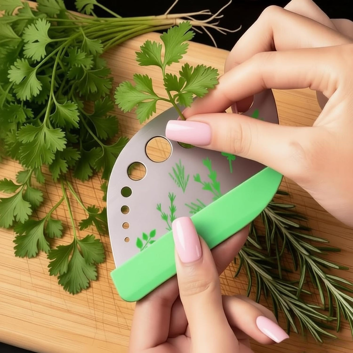 Herb Stripper Tool with 9 Sizing Holes Food-Grade Stainless Steel Leaf Remover for Cooking, Compact Kitchen Gadget with Blade & Safety Cover for collards parsley cilantro goji