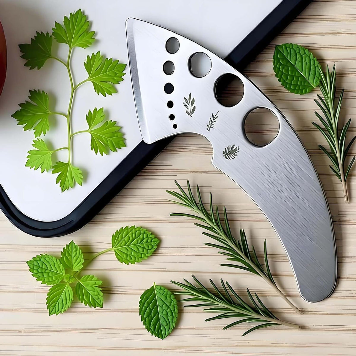Herb Stripper Tool with 9 Sizing Holes Food-Grade Stainless Steel Leaf Remover for Cooking, Compact Kitchen Gadget with Blade & Safety Cover for collards parsley cilantro goji