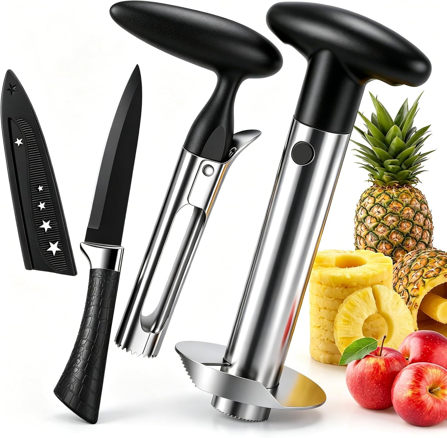 Pineapple Corer and Slicer, Stainless Steel Pineapple Cutter and Corer, Upgraded Pineapple Peeler and Apple Corer Tool with Pineapple Core Remover for Corer Tool Kitchen (Black)