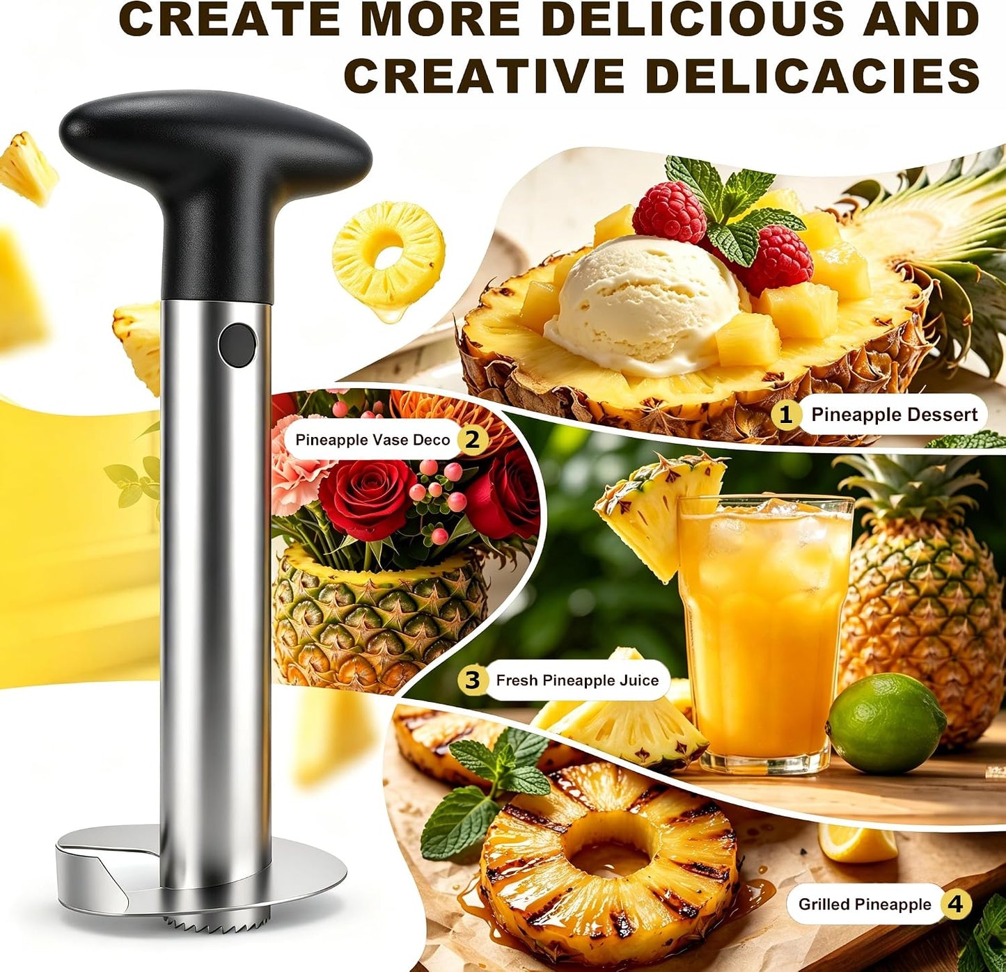 Pineapple Corer and Slicer, Stainless Steel Pineapple Cutter and Corer, Upgraded Pineapple Peeler and Apple Corer Tool with Pineapple Core Remover for Corer Tool Kitchen (Black)