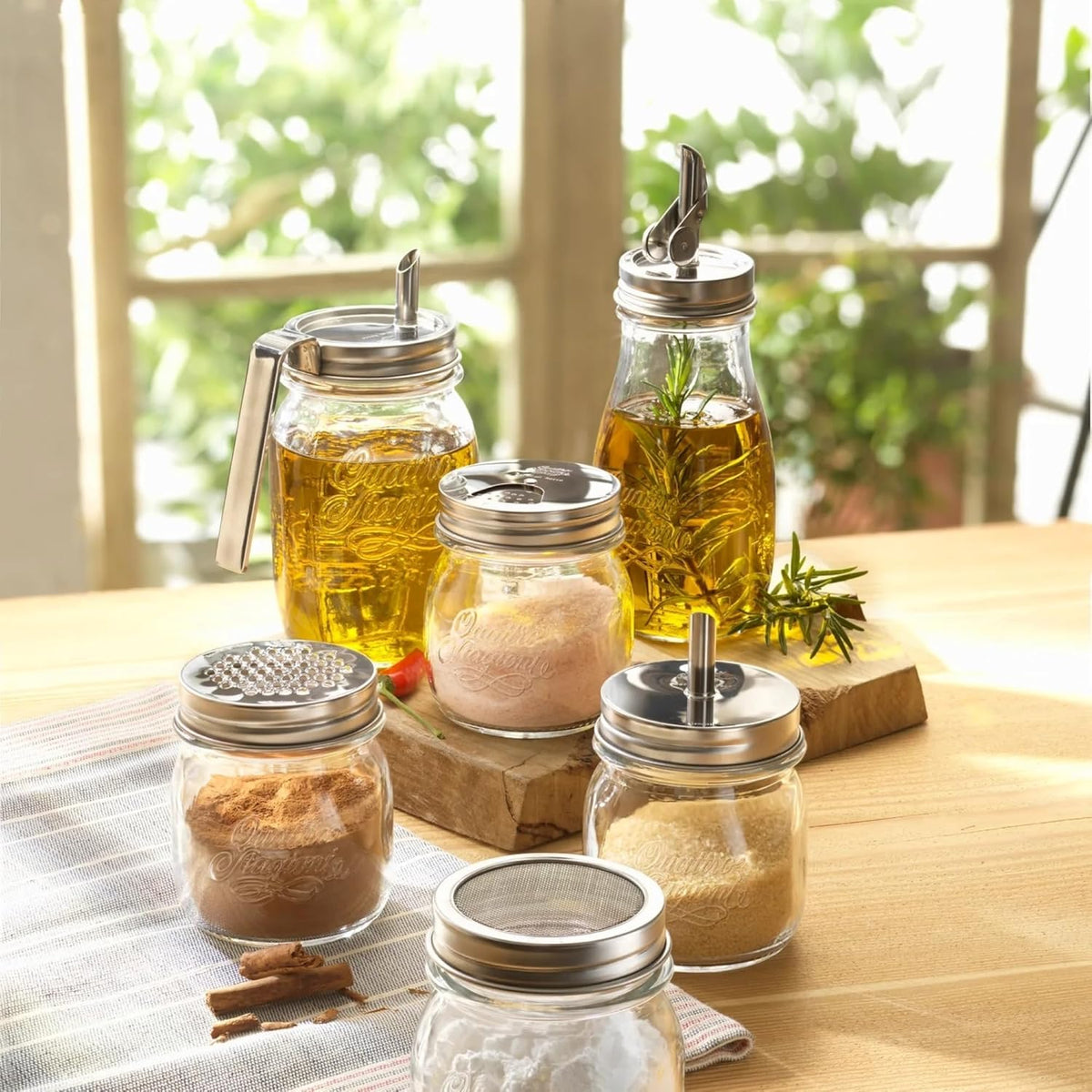 Quattro Stagioni, 13.5 Oz Olive Oil Dispensers with Weighted Pourer, Durable Glass, Made in Italy