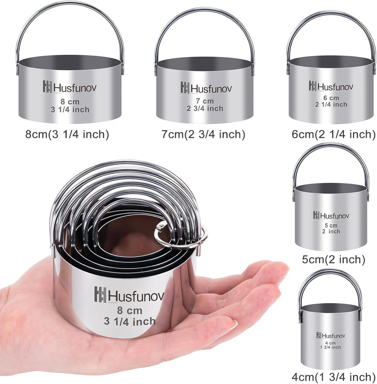Biscuit Cutter Set, Round Cookie Cutters with Handle | 5 Pieces Stainless Steel Circle Professional Baking Dough Tools for Cake