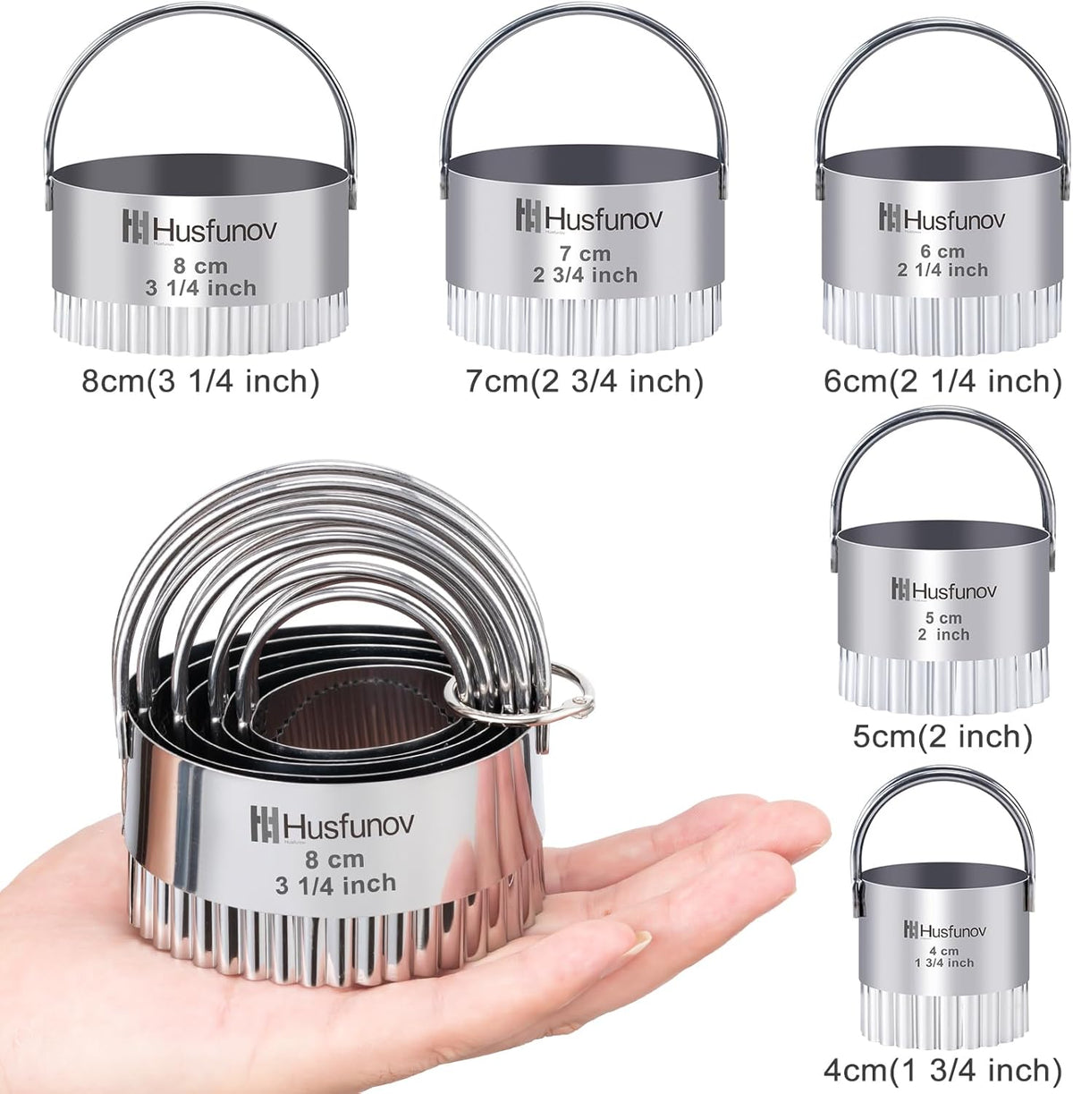 Biscuit Cutter Set, Round Cookie Cutters with Handle | 5 Pieces Stainless Steel Circle Professional Baking Dough Tools for Cake