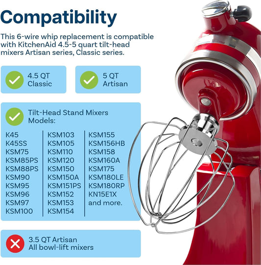Mixer Attachments for KitchenAid 4.5–5 Quart Tilt-Head Stand Mixers – Compatible with Artisan & Classic – Beaters, Whisks, Dough Hooks & Attachment Sets (6-wire Whip, Stainless Steel)