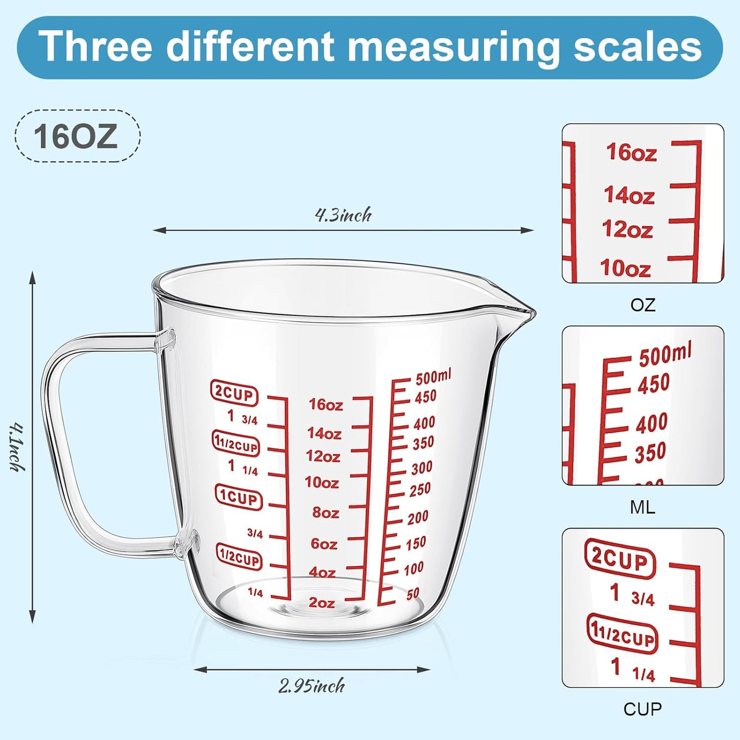 Left Handed Glass Measuring Cup 2 Cup Clear 16 oz Measuring Beaker with Handle and V Shaped Spout 500 ml for Kitchen, Restaurant, Liquid, Easy to Read, Red Measurements