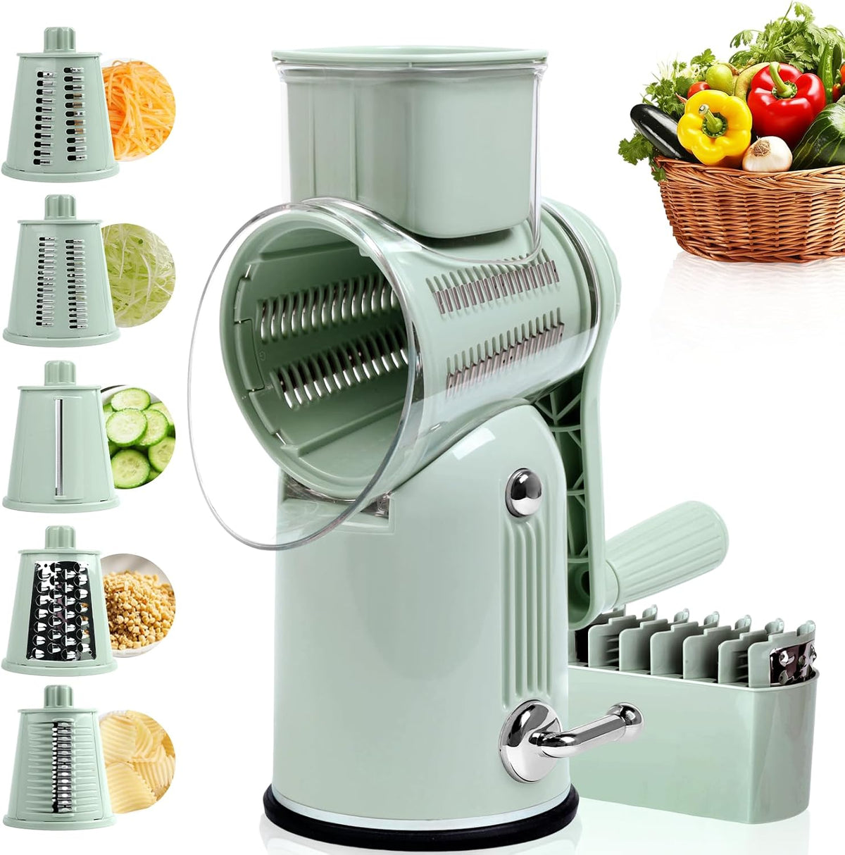 Rotary Cheese Grater with Handle, 5 Replaceable Blades(Green)