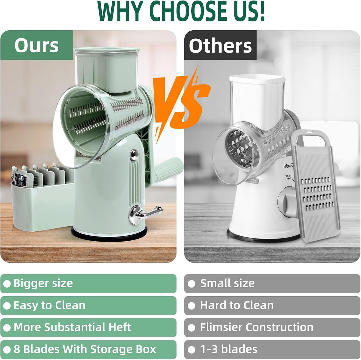 Rotary Cheese Grater with Handle, 5 Replaceable Blades(Green)