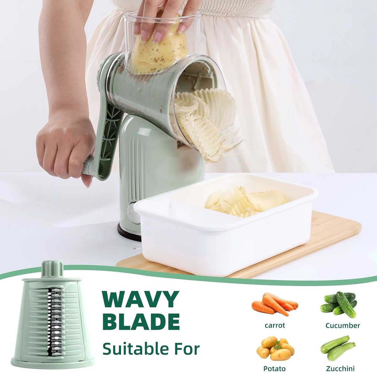 Rotary Cheese Grater with Handle, 5 Replaceable Blades(Green)