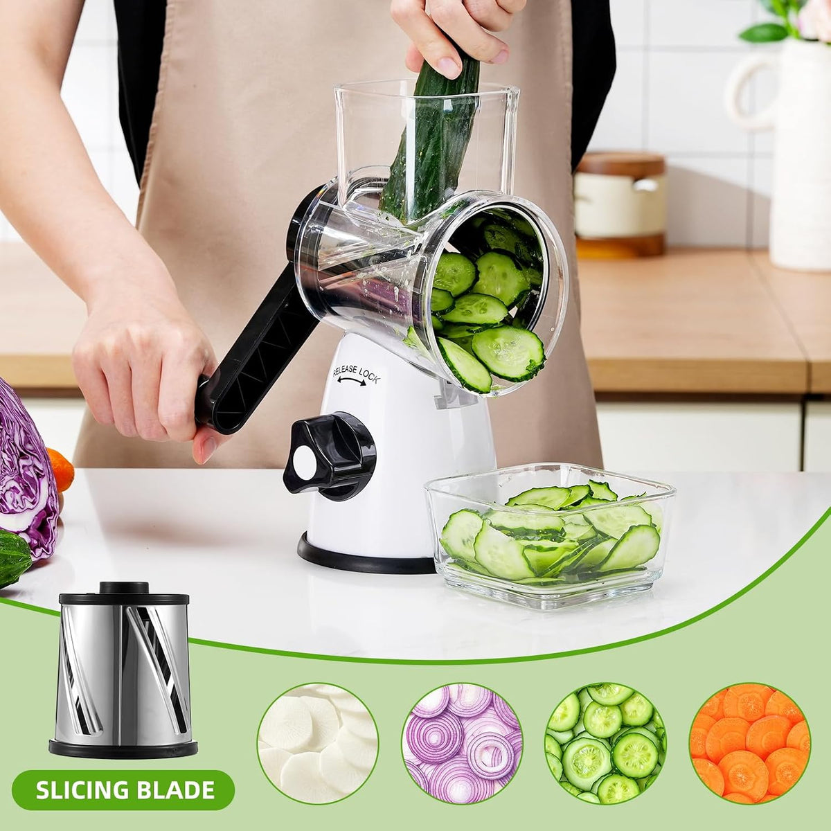 Rotary Cheese Grater with Handle, 5 Replaceable Blades(Green)