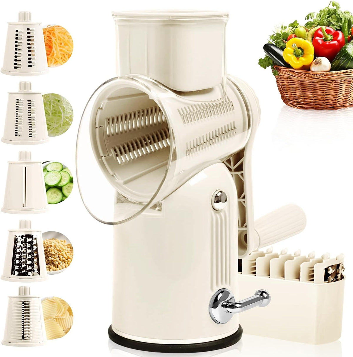 Rotary Cheese Grater with Handle, 5 Replaceable Blades(Green)