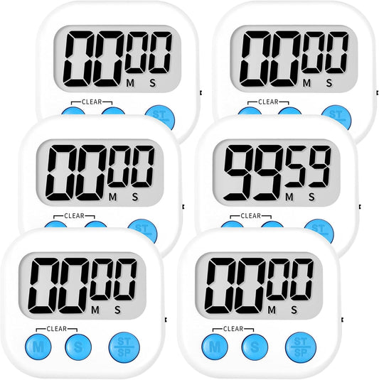 Digital Kitchen Timers for Cooking Kids White 6 Pack | Strong Magnetic, Large Screen, Big Button, Timers for Kids Classroom Cooking Egg Teacher Exercise Study